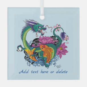Lebendige Teal-Oriental-Koi-Drache-Lotusblume Ornament Aus Glas