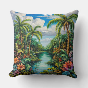 Lebendige tropische Landschaft mit Palmen Kissen