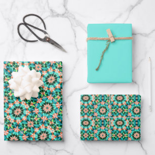 Lebendige Türkis-, Grün-, Korallenrosa-, Hell-Aqua Geschenkpapier Set