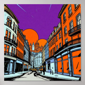 Lebendige urbane Sonnenuntergangs-Stadtlandschaft Poster