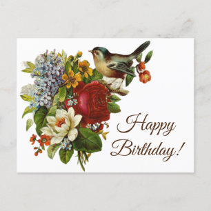Lebendige Vintage-Blumen und Happy Birthday Vogel Postkarte