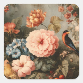 Lebendige Vintage-Blumen- und Vogel-Szene Quadratischer Aufkleber