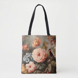 Lebendige Vintage-Blumen- und Vogel-Szene Tasche