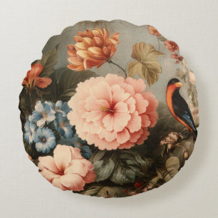 Lebendige Vintage-Blumen- und Vogelszene Rundes Kissen