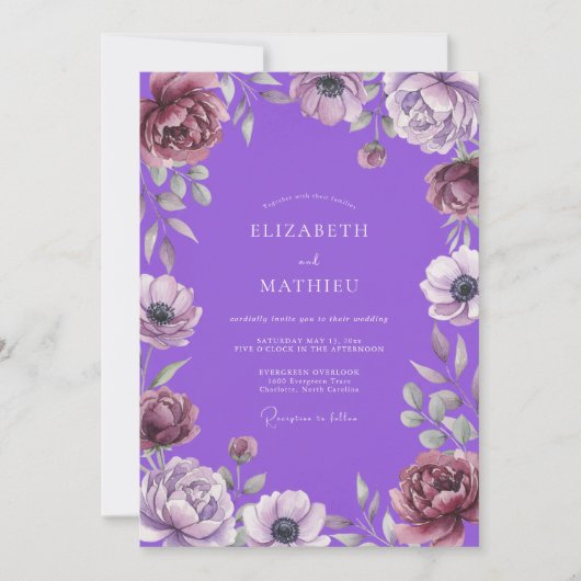 Lebendige violette Anemonen-Hochzeit Einladung (Vorderseite)
