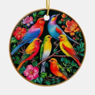 Lebendige Vögel auf blühenden Zweigen Keramik Ornament