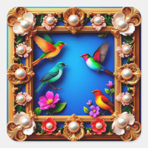 Lebendige Vögel umgeben von einem aufwendigen flor Quadratischer Aufkleber