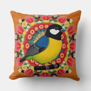 Lebendige Vogelillustration mit floralem Mandala Kissen
