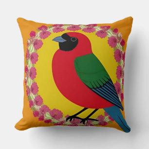 Lebendige Vogelillustration mit floralem Mandala Kissen
