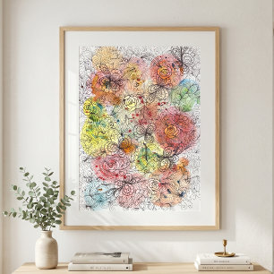 Lebendige Wasserfarbe-Ombre-Floral-Doodle-Kunst Poster
