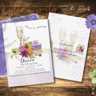 Lebendige Wasserfarben-Blumen-Champagner-Geburtsta Einladung