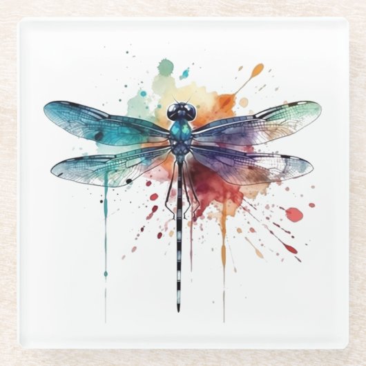 Lebendige Wasserfarben-Libelle Glasuntersetzer (Vorderseite)