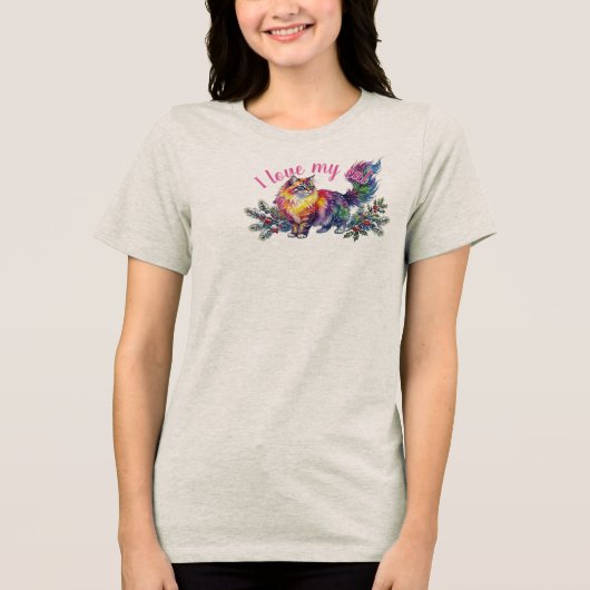 Lebendige Wasserfarben-Rotwinterkatze & Stechpalme Tri-Blend Shirt (Vorderseite)