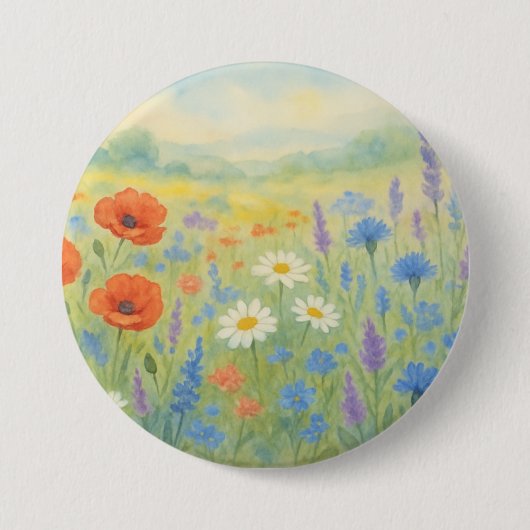 Lebendige Wasserfarben-Wiesenlandschaft mit Wildbl Button (Vorderseite)