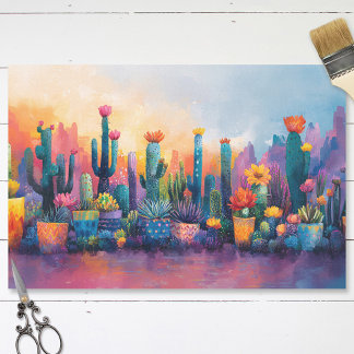 Lebendige Wasserfarbenkaktus und Blume Dekoupage Seidenpapier