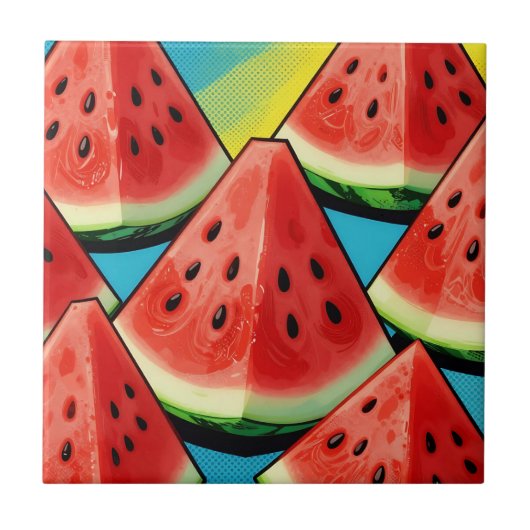 Lebendige Wassermelonen-Scheiben Pop Art Fliese (Vorderseite)