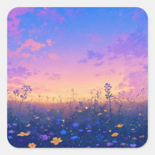 Lebendige Wildblumenwiese bei Sonnenuntergangshimm Quadratischer Aufkleber
