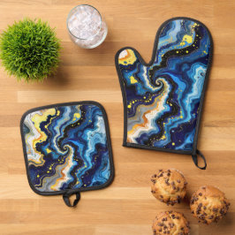 Lebendige Wirbel aus Blau und Gold 1 Ofenhandschuh & Topflappen-Set