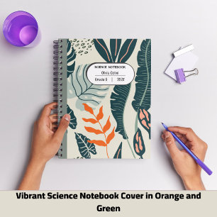 Lebendige Wissenschaftsnotizbuchhülle in Orange un Notizblock