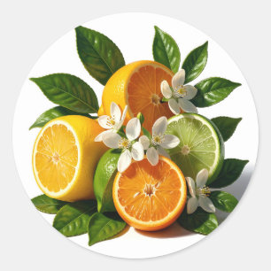 Lebendige Zitrusfrüchte Blüten Realistisch Runder Aufkleber