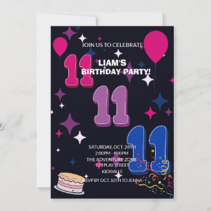 Lebendiger 11. Geburtstag   Rosa Blaues Konfetti Einladung