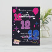 Lebendiger 12. Geburtstag | Rosa Blaues Konfetti Einladung (Stehend Vorderseite)
