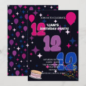 Lebendiger 12. Geburtstag | Rosa Blaues Konfetti Einladung (Vorne/Hinten)