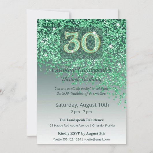 Lebendiger 30. Geburtstag Smaragdgrüner Glitter Einladung (Vorderseite)