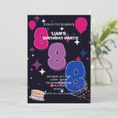 Lebendiger 8. Geburtstag  | Rosa Blau Konfetti Einladung (Stehend Vorderseite)