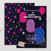 Lebendiger 8. Geburtstag  | Rosa Blau Konfetti Einladung (Vorne/Hinten)