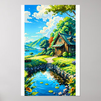 Lebendiger Anime-Naturlandschafts-Hüttenbach-Poste Poster