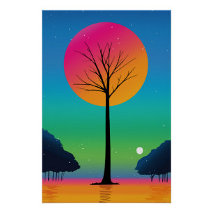 Lebendiger Baum unter einem kosmischen Regenbogenh Poster