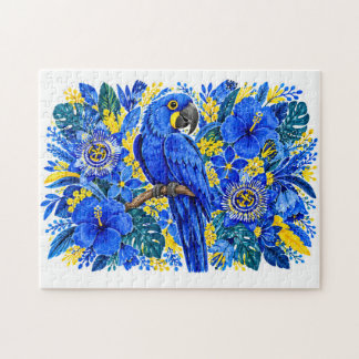 Lebendiger blauer Ara tropisches florales Aquarell Puzzle
