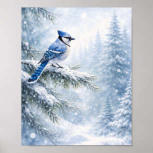 "Lebendiger Blauhäher im Winterschnée Wasserfarben Poster