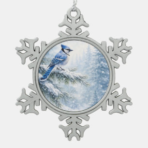 Lebendiger Blauhäher-Vogel im schneebedeckten Wint Schneeflocken Zinn-Ornament