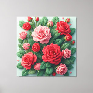 Lebendiger Blumenstrauß mit roten und rosa Blüten Leinwanddruck