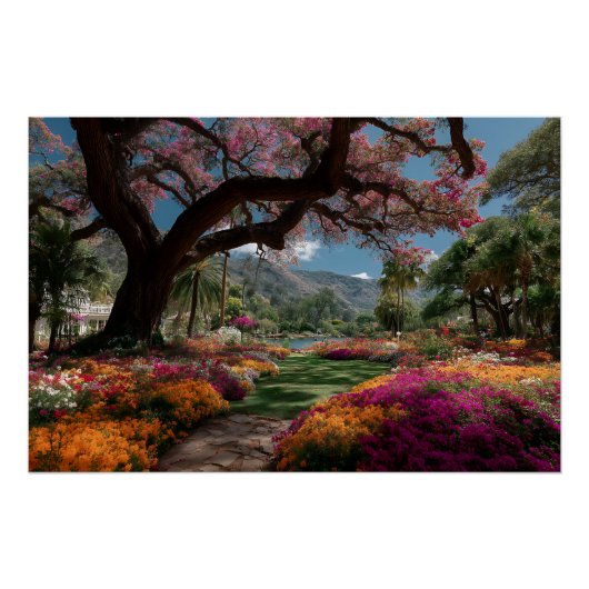 Lebendiger Blütenbaumgarten Paradiesblick Poster (Vorderseite)