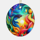 Lebendiger Bunter Glas Abstrakter Kampffisch Keramik Ornament (Links)