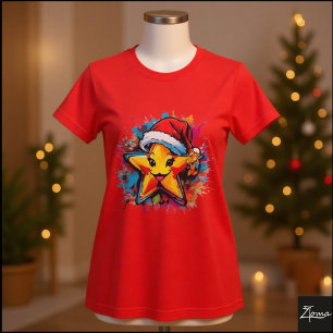 Lebendiger Cartoon-Stern Santa-Hut Spritzer T-Shirt