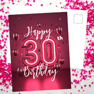 Lebendiger Chic Neonrosa 30. Geburtstag mit Ballon Postkarte