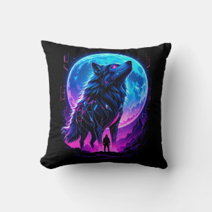 Lebendiger Cyberpunk-Neonwolf Kissen