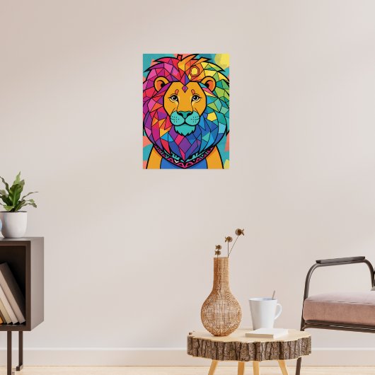 Lebendiger Farbiger Mosaik-Löwe Geometrisch Abstra Poster (Wohnzimmer 3)
