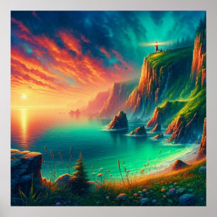 Lebendiger, feuriger digitaler Küsten-Sonnenunterg Poster