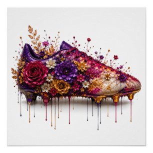Lebendiger floraler Fußballschuh triefend vor Gold Poster