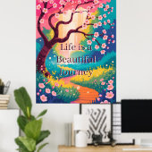 Lebendiger Frühlingsweg unter blühenden Kirschblüt Poster (Heimbüro)