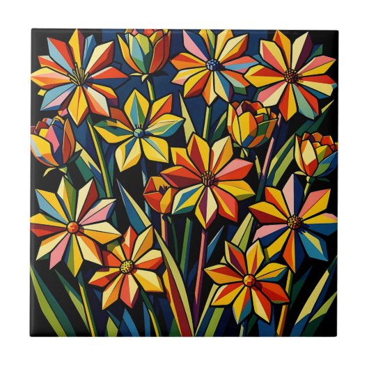 Lebendiger geometrischer Regenbogen-Blumenstrauß Fliese (Vorderseite)