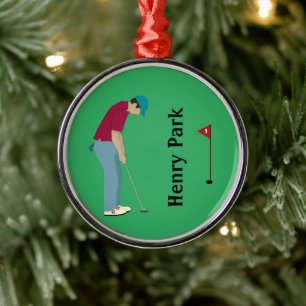 lebendiger grüner Golfer beim Einlochen zu Weihnac Ornament Aus Metall