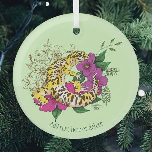 Lebendiger Grüner Spielender Leopardgecko Blumenmu Ornament Aus Glas