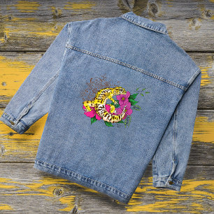 Lebendiger Grüner Spielender Leopardgecko-Blumenst Jeansjacke