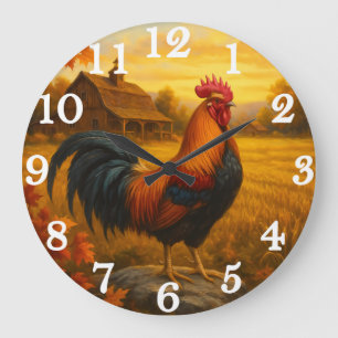 Lebendiger Hahn auf goldenem Weideland Große Wanduhr